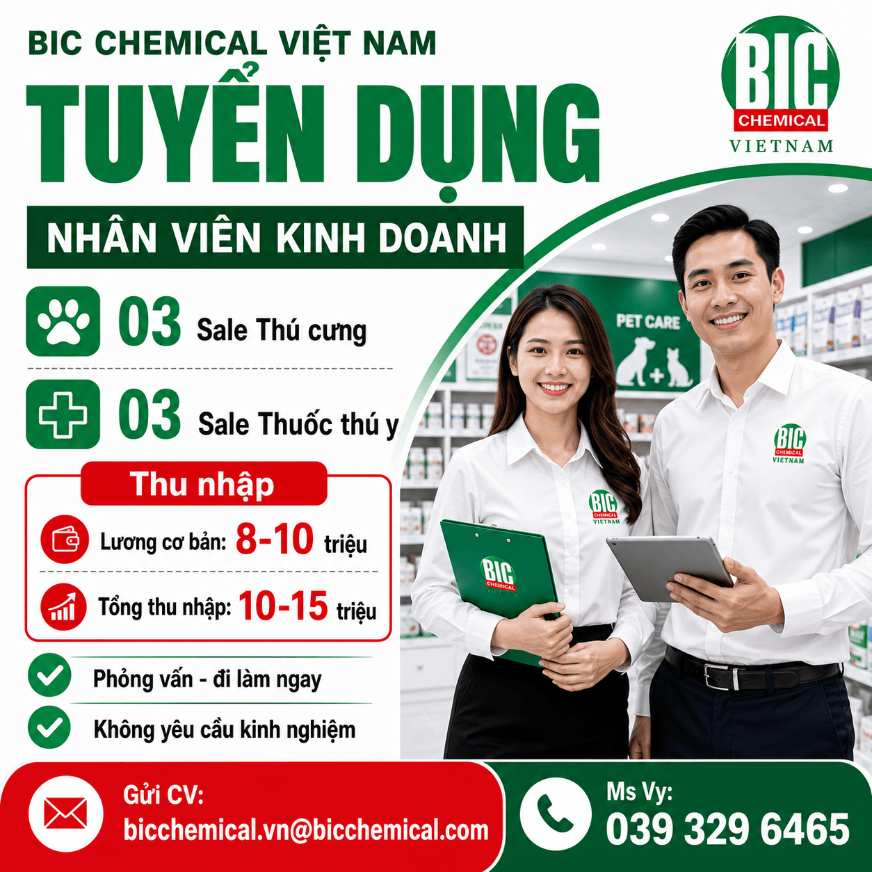 Tuyển dụng: NHÂN VIÊN SALE –THÚ CƯNG & THUỐC THÚ Y GIA SÚC, GIA CẦM