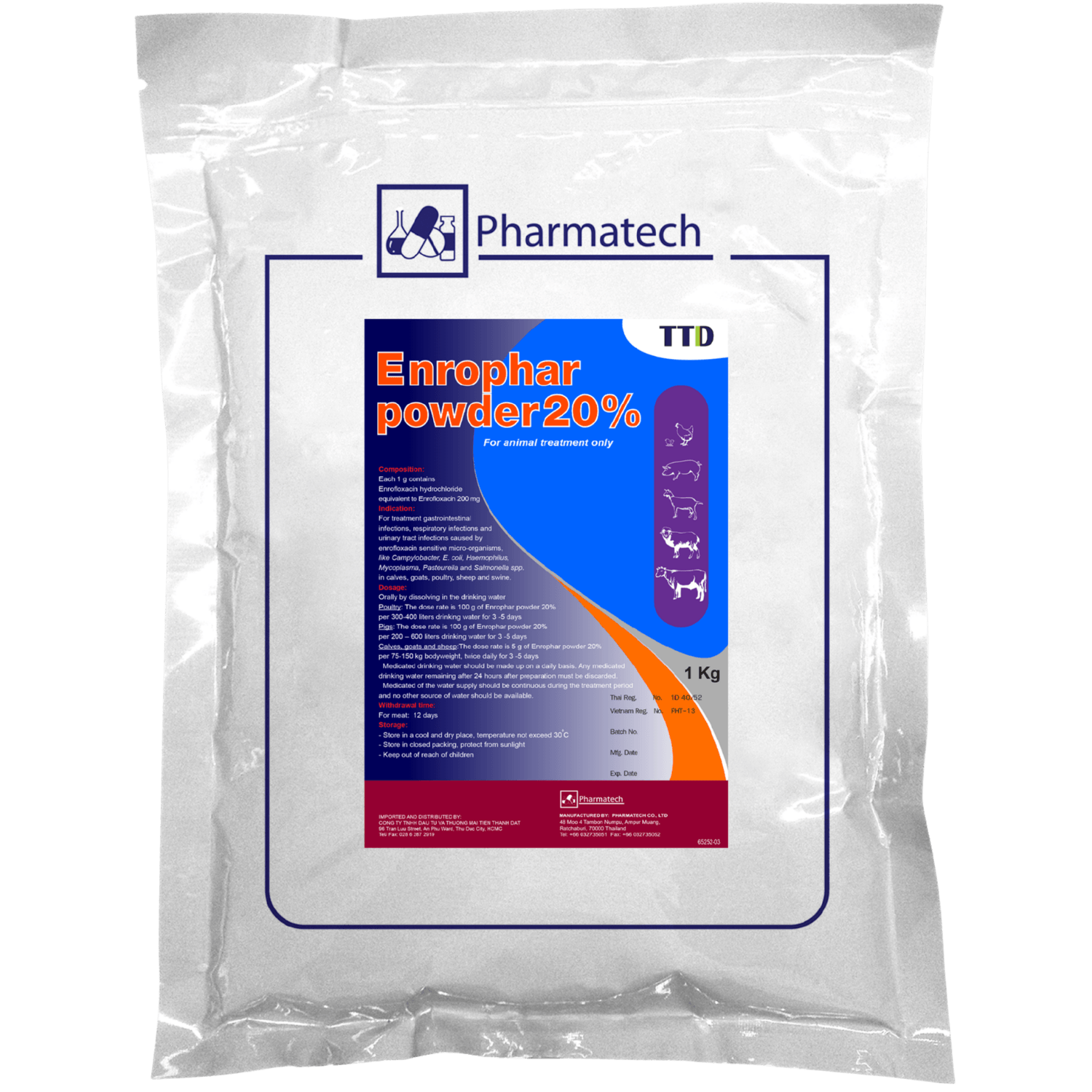 Enrophar Powder-20 Enrofloxacin 20g - Kháng sinh điều trị nhiễm khuẩn đường tiêu hóa, hô hấp trên gia cầm
