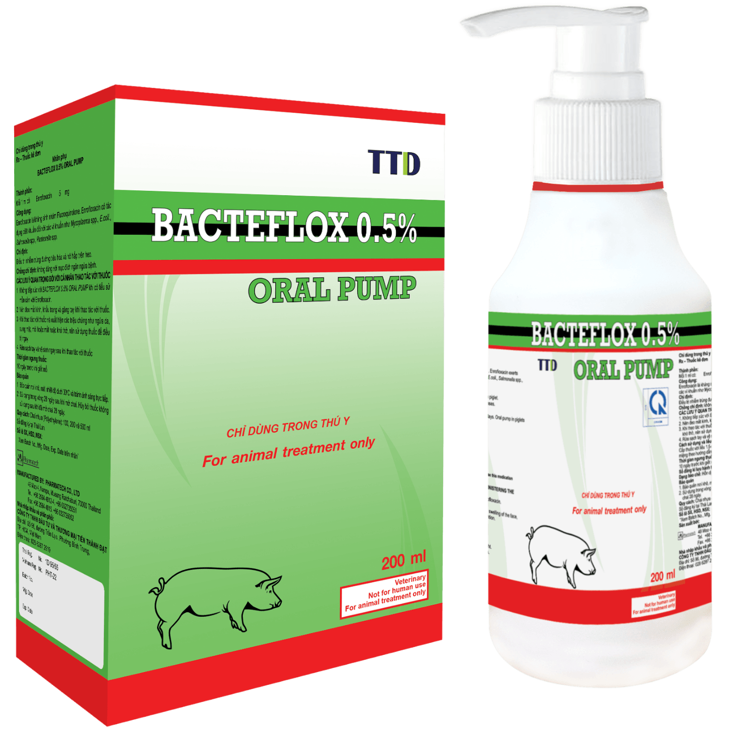 Bacteflox 0.5% Oral Pump Enrofloxacin 5 mg - Kháng sinh điều trị nhiễm khuẩn ở hệ hô hấp và tiêu hóa trên lợn con.