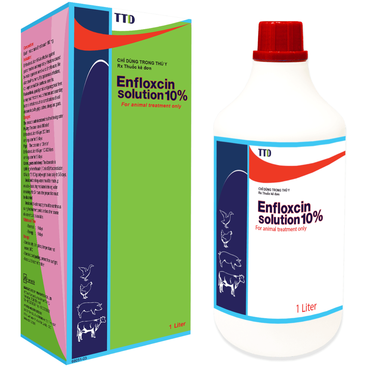 Enfloxcin Solution 10% Enrofloxacin 10g - Kháng sinh điều trị nhiễm khuẩn đường tiêu hóa và hô hấp trên lợn, gia cầm, bê, dê, cừu và thủy sản